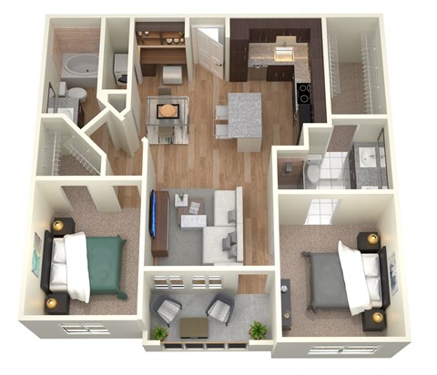 Floor plan for 2 beds, 2 baths, 1024 sqft